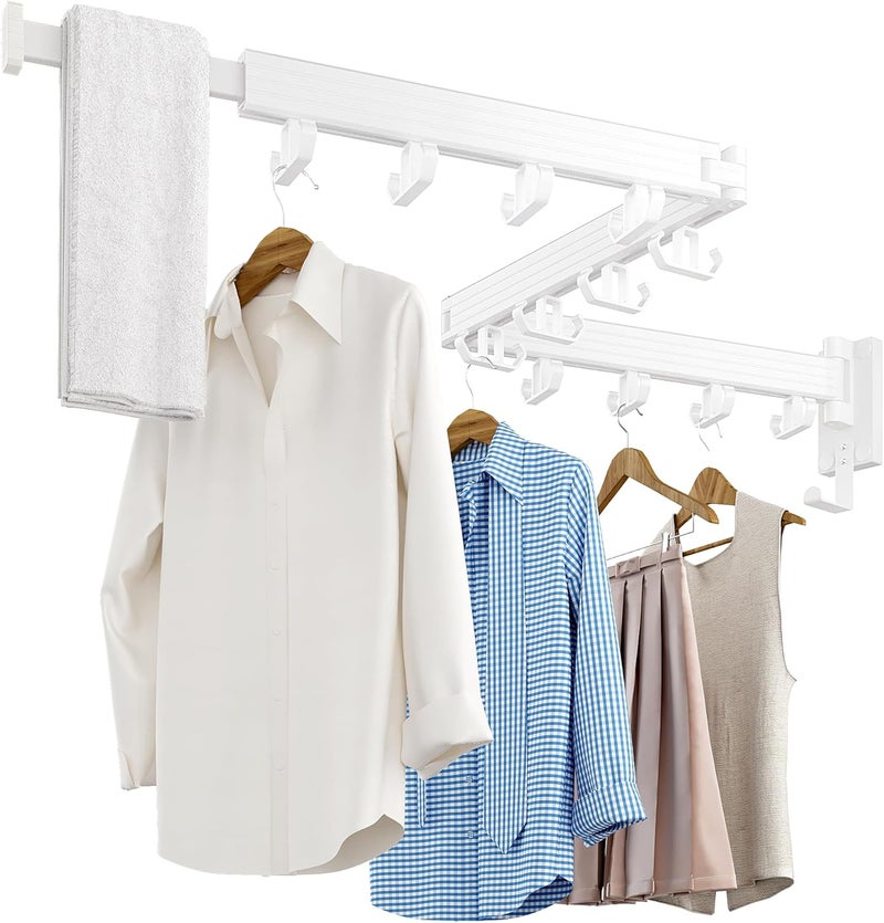 Kelisiting Clothes Drying Rack Wall Mounted, Retractable Drying Racks for Laundry, Foldable Drying Rack With 12 Hooks, Sturdy Tri-Fold Wall Mounted Space Saver for Laundry Room Balcony Bathroom - 49.8", White - Image 1